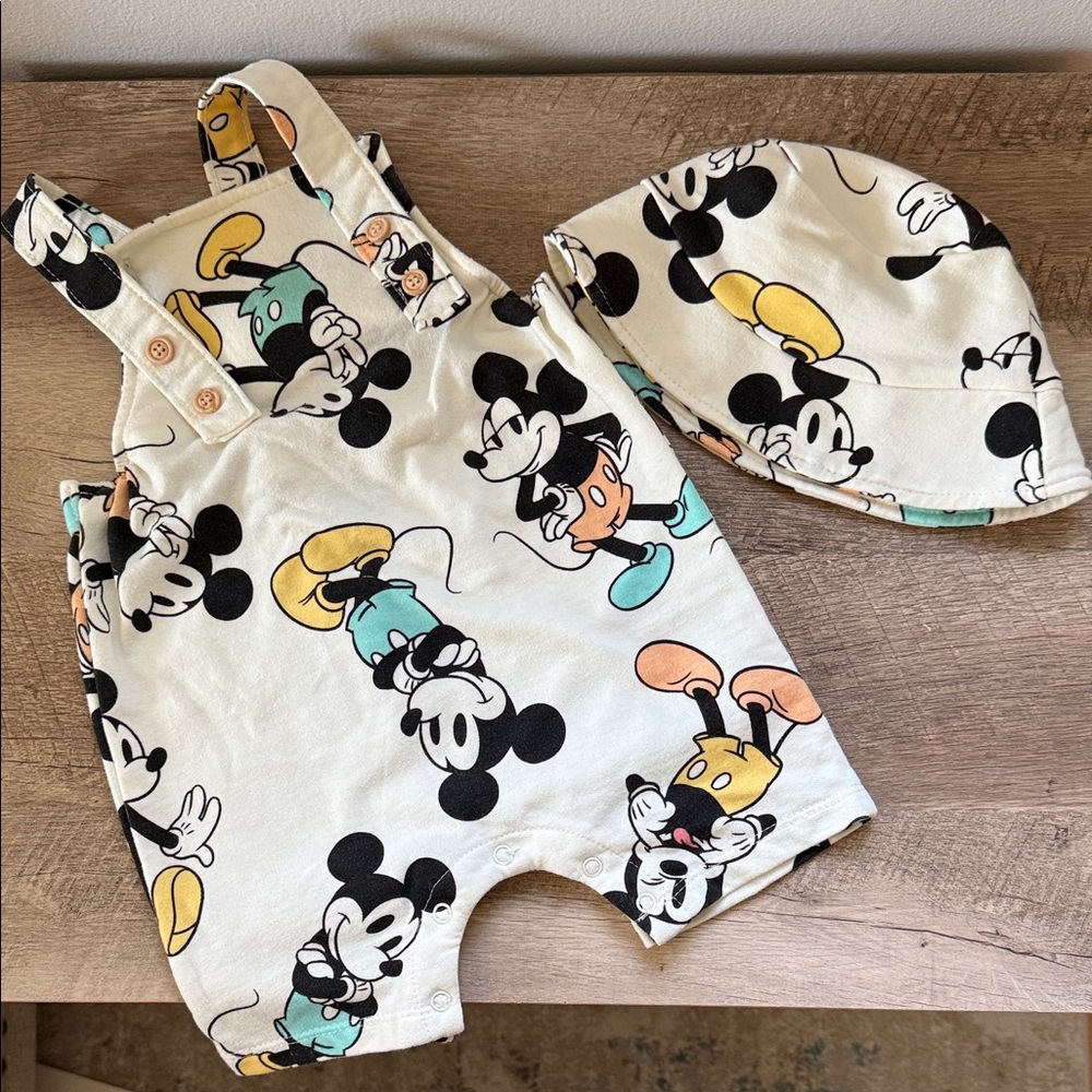 Disney Baby Mickey Mouse Printed Baby Overalls & Bucket Hat 18m